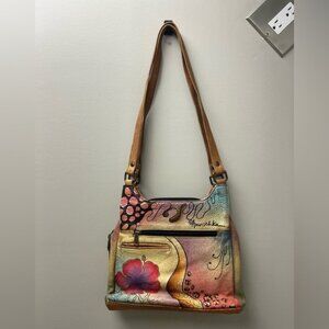Anuschka Hand-Painted Leather Floral Shoulder Bag w/ Matching Wallet